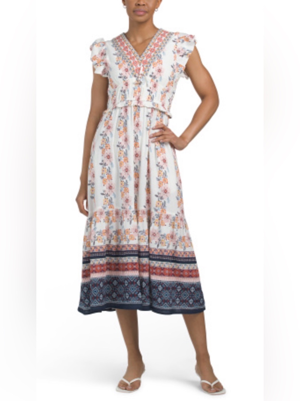 LEAVE BOHO FLORAL FLUTTER SLEEVE IN WHITE AND NAVY BORDER SIZE M NWT - Picture 3 of 11